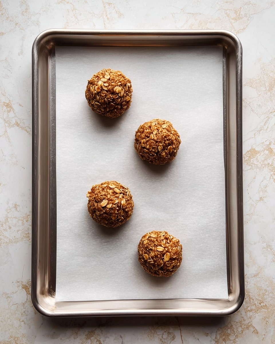There is a silver baking tray lined with white parchment paper. On the paper, four round, rough-textured cookie dough balls are spaced apart. The dough looks brown with visible oats mixed in, giving it a coarse and grainy texture. The scene has a white marbled surface background. photo taken with an iphone --ar 4:5 --v 7