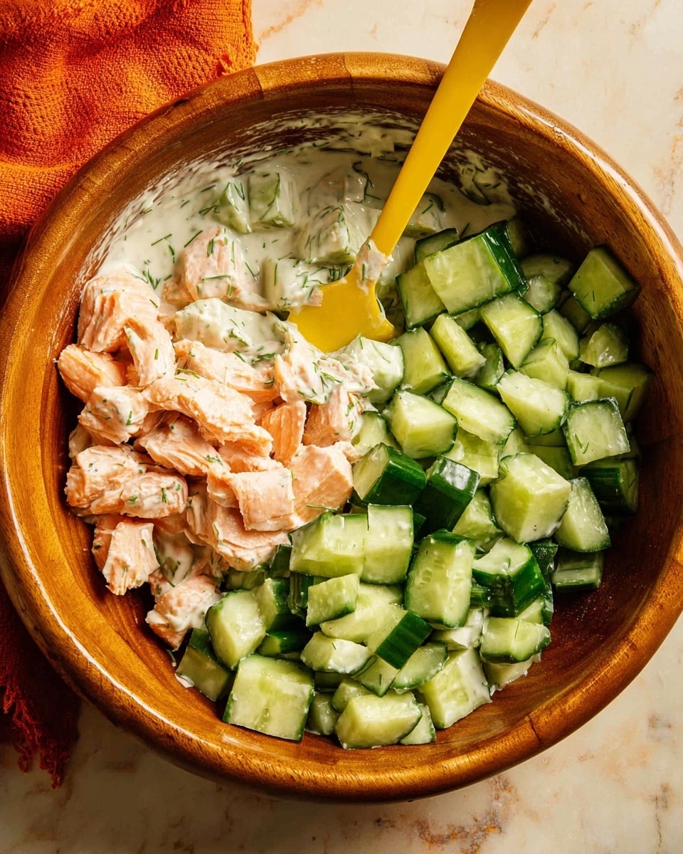 A wooden bowl filled with three visible layers: at the bottom, a creamy white sauce with green herbs mixed in, topped with pieces of cooked pink salmon in the middle, and a thick layer of bright green cucumber chunks on top. A yellow spatula is resting inside the bowl on the left side, touching the sauce. The bowl is placed on a white marbled surface, with an orange cloth partially visible on the top left corner. photo taken with an iphone --ar 4:5 --v 7
