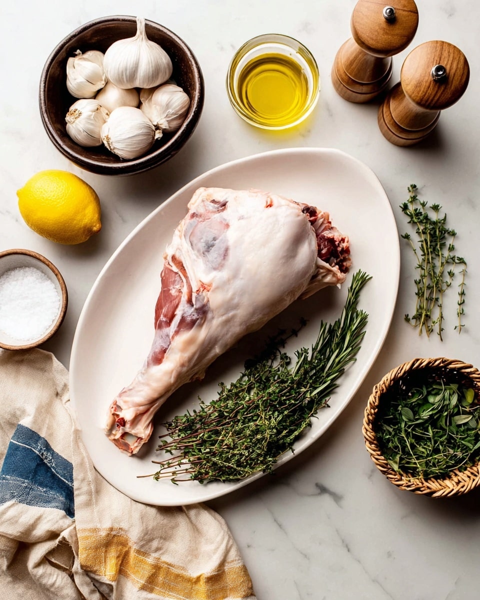 A raw whole lamb leg with light pink and white skin and some red tones is placed at the center of a white oval plate on a white marbled surface. To the left of the plate, there is a dark wooden bowl filled with white garlic cloves, a whole yellow lemon, a small glass bowl of white salt, and a clear glass container of golden olive oil. Above the garlic bowl, there is a wooden pepper grinder. To the right of the plate, a small wooden bowl holds fresh green thyme and rosemary sprigs with some loose leaves scattered nearby. A wicker basket with curly green herbs and a beige cloth with mustard and blue stripes drape over the surface's edge. Photo taken with an iphone --ar 4:5 --v 7