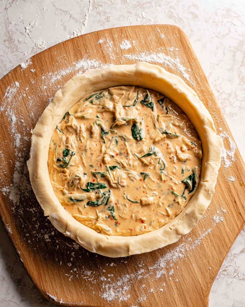 A round pie shell with a thick edge sits on a wooden board with some flour scattered around. Inside the pie shell, there is one creamy layer with a mix of light orange sauce, small chunks of light-colored pieces, and green spinach leaves evenly spread throughout. The texture looks smooth with small bits of herbs or spices visible in the sauce. The edge of the pie dough is folded slightly outward. The background has a white marbled texture. Photo taken with an iphone --ar 4:5 --v 7