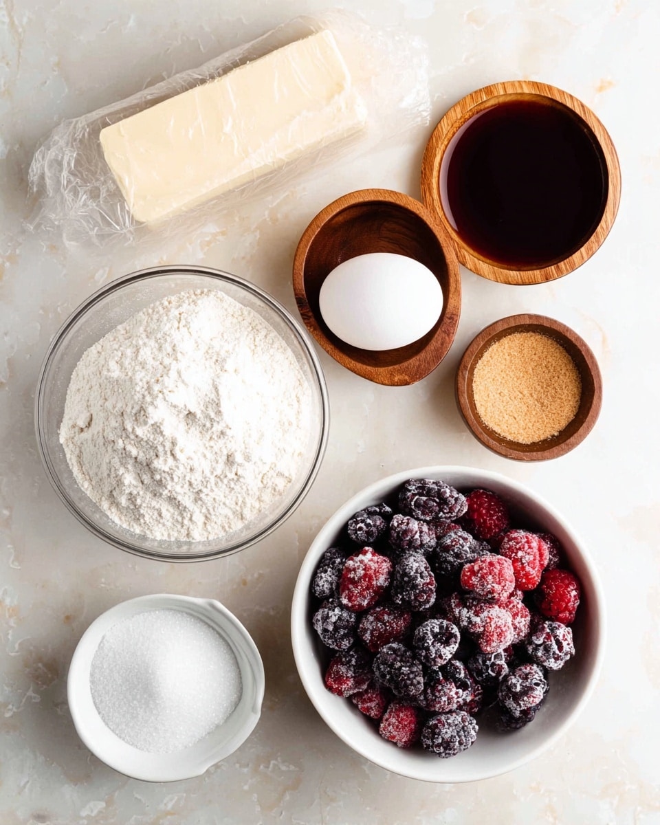 The image shows several ingredients on a white marbled surface. At the top center, there is a wrapped stick of butter. Below it, there are three small round wooden bowls; the left one holds a white egg, the middle one has a dark brown liquid, and the right one contains a white powder. To the left side, there is a large clear bowl filled with white flour. Next to it, on the right, is a small glass bowl filled with light brown sugar. Below these is a white bowl filled with frozen mixed berries in shades of dark purple, red, and black with visible frost. At the bottom left corner, there is a small white round container with white granulated sugar. photo taken with an iphone --ar 4:5 --v 7