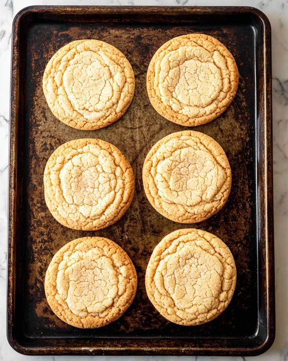Six round cookies sit on a dark, worn baking tray with a textured surface. Each cookie has a light golden color with a slightly cracked top, showing a soft center surrounded by a thin, slightly raised edge. The cookies are arranged in two vertical columns and three horizontal rows, evenly spaced. The background is a white marbled texture. Photo taken with an iphone --ar 4:5 --v 7