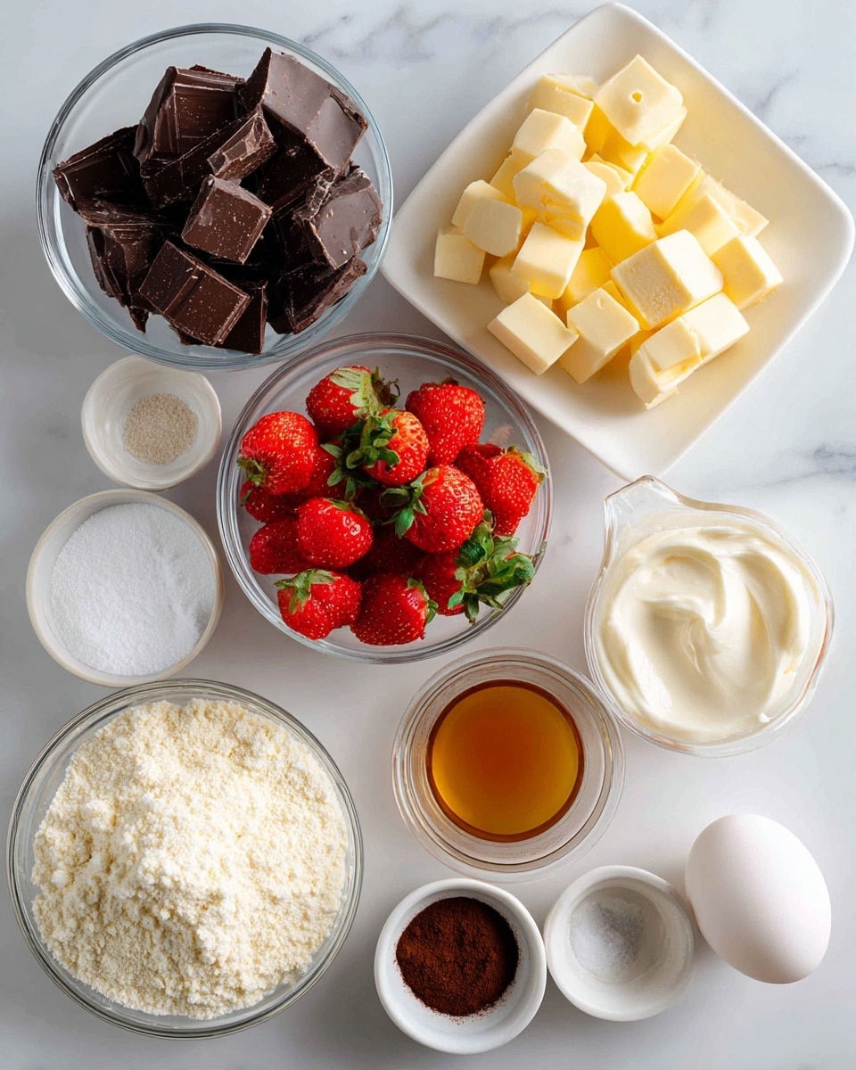 The image shows multiple clear glass bowls arranged on a white marbled surface, each holding different ingredients. One bowl contains chopped chocolate pieces, another has bright red strawberries with green leaves, and a third bowl holds pale yellow almond flour with a crumbly texture. There are also small white bowls with white sugar and salt powders, a small white bowl with dark brown espresso powder, and a tiny white bowl filled with golden vanilla extract liquid. Additional items include a clear measuring cup with creamy white heavy cream, a square white dish filled with small yellow butter cubes, and a single white egg placed beside all the bowls. The scene is bright, clean, and well-lit. photo taken with an iphone --ar 4:5 --v 7