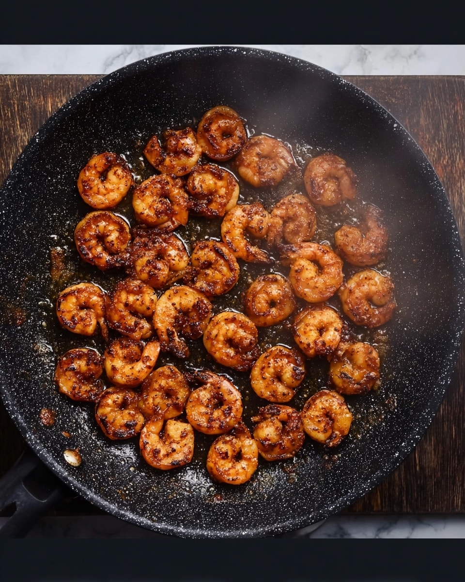 A top view of a black speckled frying pan filled with about thirty cooked shrimp arranged in a single layer covering the bottom of the pan. The shrimp are browned with a reddish-brown color, showing some charred spots and a shiny texture from the cooking juices. The pan is placed on a white marbled surface. Steam rises slightly from the hot shrimp. Photo taken with an iphone --ar 4:5 --v 7