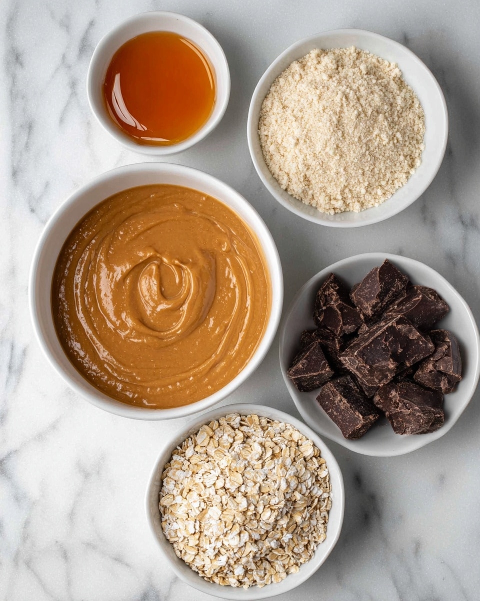 Five white bowls are placed on a white marbled surface. The center bowl holds a smooth, thick layer of light brown peanut butter with a small swirl on top. Above it, to the right, a bowl filled with a crumbly, pale beige powder. To the center right, a bowl contains dark brown chocolate chunks with a rough texture. To the bottom left, there is a bowl filled with a light beige, grainy oat mixture with visible flakes. To the top left, a small bowl contains a sticky, amber-colored honey layer with a shiny surface. photo taken with an iphone --ar 4:5 --v 7