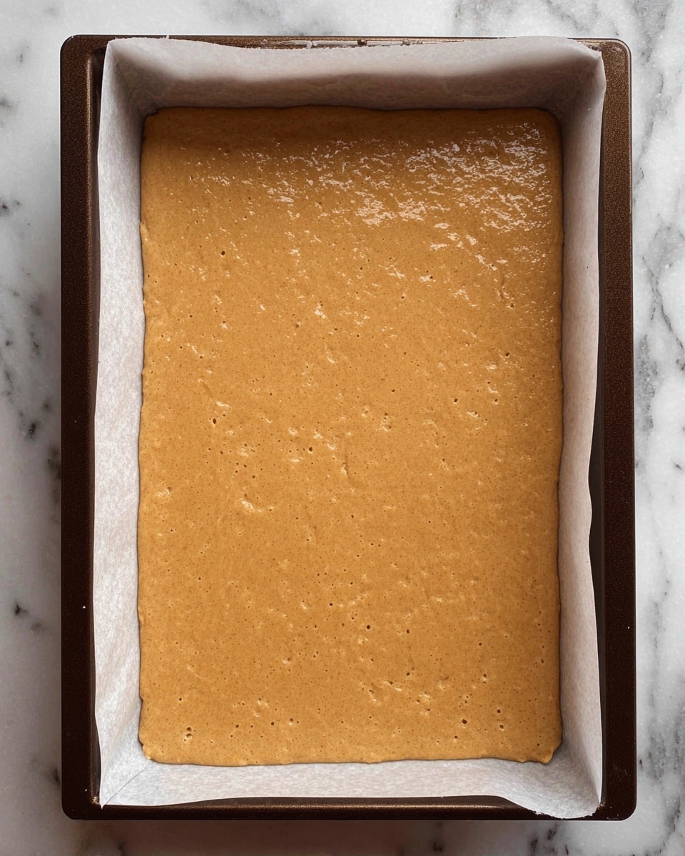 A close-up view of a single thick layer of smooth, light brown dough spread evenly in a rectangular baking tray lined with white parchment paper, showing small air bubbles and slight texture variations across the surface. The tray is placed on a white marbled texture surface. Photo taken with an iphone --ar 4:5 --v 7