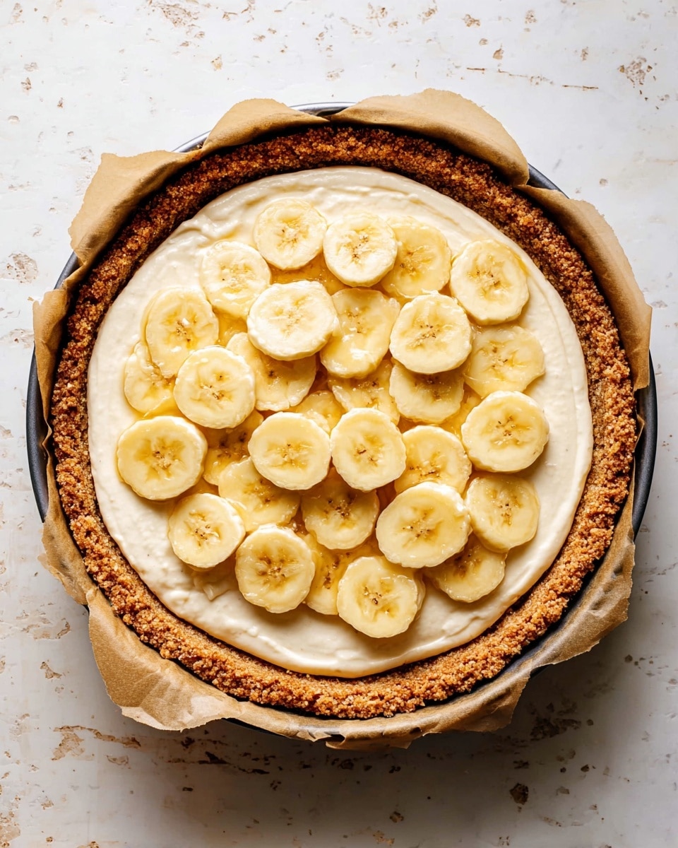 A round pie with a crumbly brown crust and a creamy white filling is shown from above. On top of the filling, there is one layer of banana slices with a soft yellow color scattered evenly, some overlapping each other. The pie is in a baking tin lined with parchment paper, placed on a white marbled surface with some light spots and marks. The photo taken with an iphone --ar 4:5 --v 7