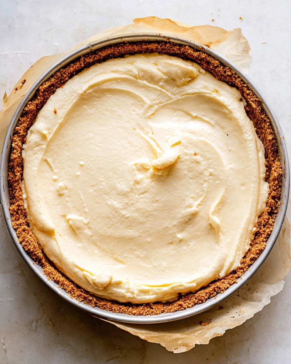 A close-up top view of an unbaked pie in a round pan with a crumbly brown crust lining the edges, and a thick, creamy pale yellow filling spread evenly inside, slightly swirled with a soft texture; the crust has some cracks and a piece of parchment paper peeks out from one side, all placed on a white marbled surface photo taken with an iphone --ar 4:5 --v 7