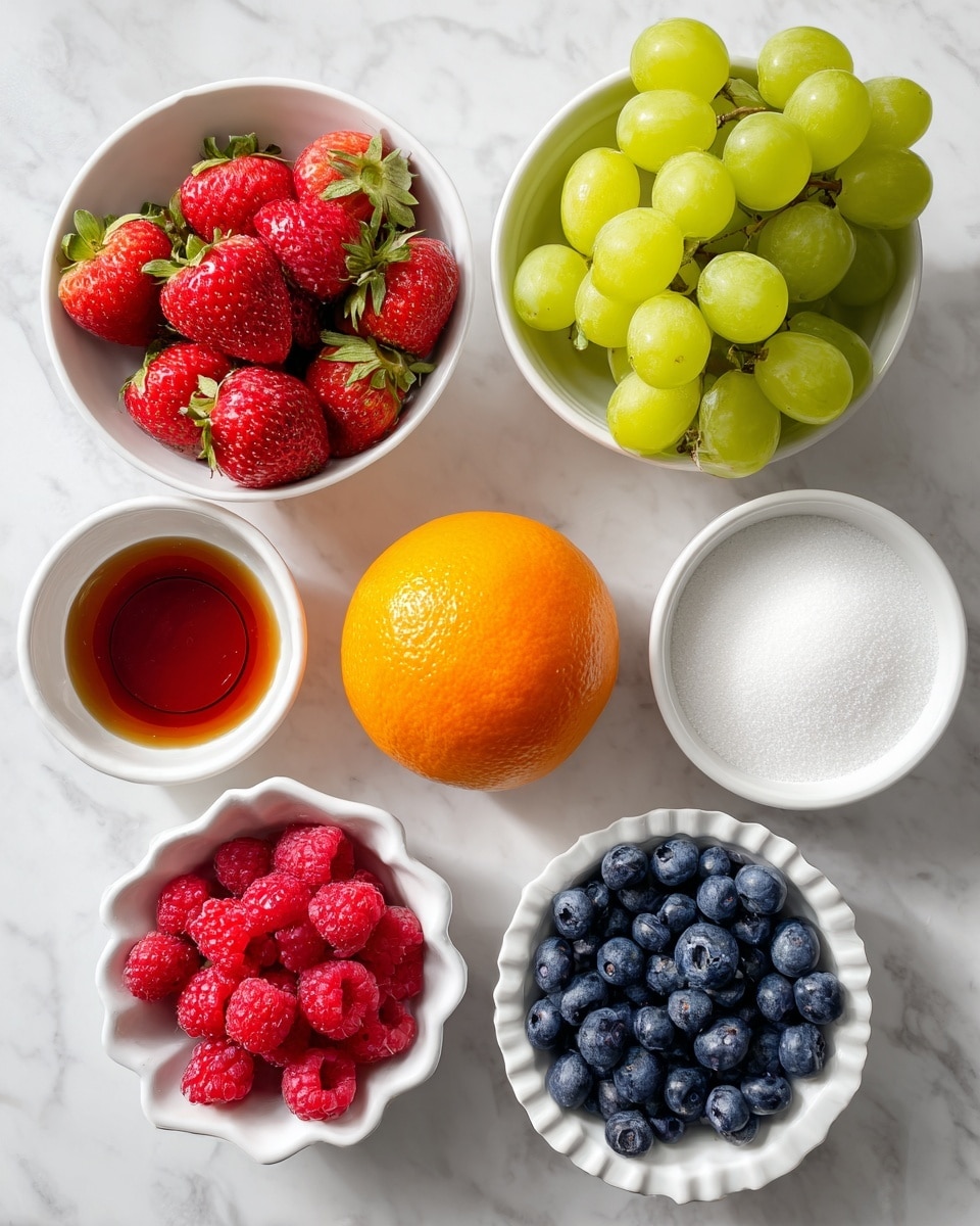 A top-down view of seven ingredients arranged neatly on a white marbled surface. At the top right, a white bowl filled with bright green grapes. Below the grapes, a larger white bowl full of fresh red strawberries with green stems. In the middle left is a whole orange with a smooth, bright orange peel. To the left of the orange, a small white bowl of clear corn syrup and below that a smaller white bowl with clear water. Below these, a white bowl filled with white granulated sugar. At the bottom left, a small white fluted bowl of red raspberries, and next to it, on the bottom right, a similar white fluted bowl filled with blue blueberries. All bowls and the orange are evenly spaced on the white marbled surface, creating a clean and colorful display. photo taken with an iphone --ar 4:5 --v 7