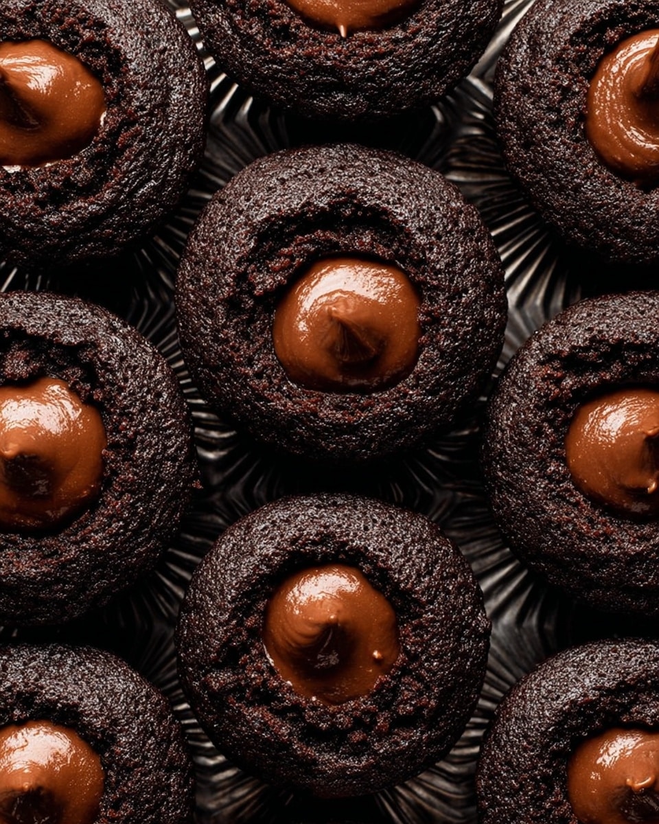 A close-up image of dark chocolate cupcakes arranged tightly together, each cupcake showing one layer made of moist, deep brown chocolate cake. The top center of each cupcake has a slightly sunken well filled with smooth, shiny milk chocolate filling that is lighter brown and creamy in texture. The cupcakes sit side by side on a shiny patterned surface with deep grooves that create shadows and highlights around the edges of the baked cake. photo taken with an iphone --ar 4:5 --v 7