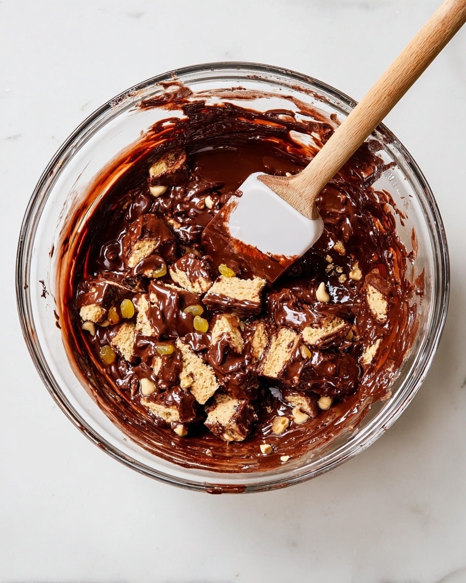 A clear glass bowl holds a rich, thick chocolate mixture with visible chunks of light brown biscuit pieces and small yellowish raisins mixed evenly throughout. The chocolate mixture is dark and glossy, coating the biscuit chunks with a smooth texture. A wooden spatula with a white silicone edge rests in the bowl, slightly covered with the chocolate mix, showing some smears along the sides of the bowl. The bowl sits on a white marbled surface, giving the whole image a clean and bright look. photo taken with an iphone --ar 4:5 --v 7
