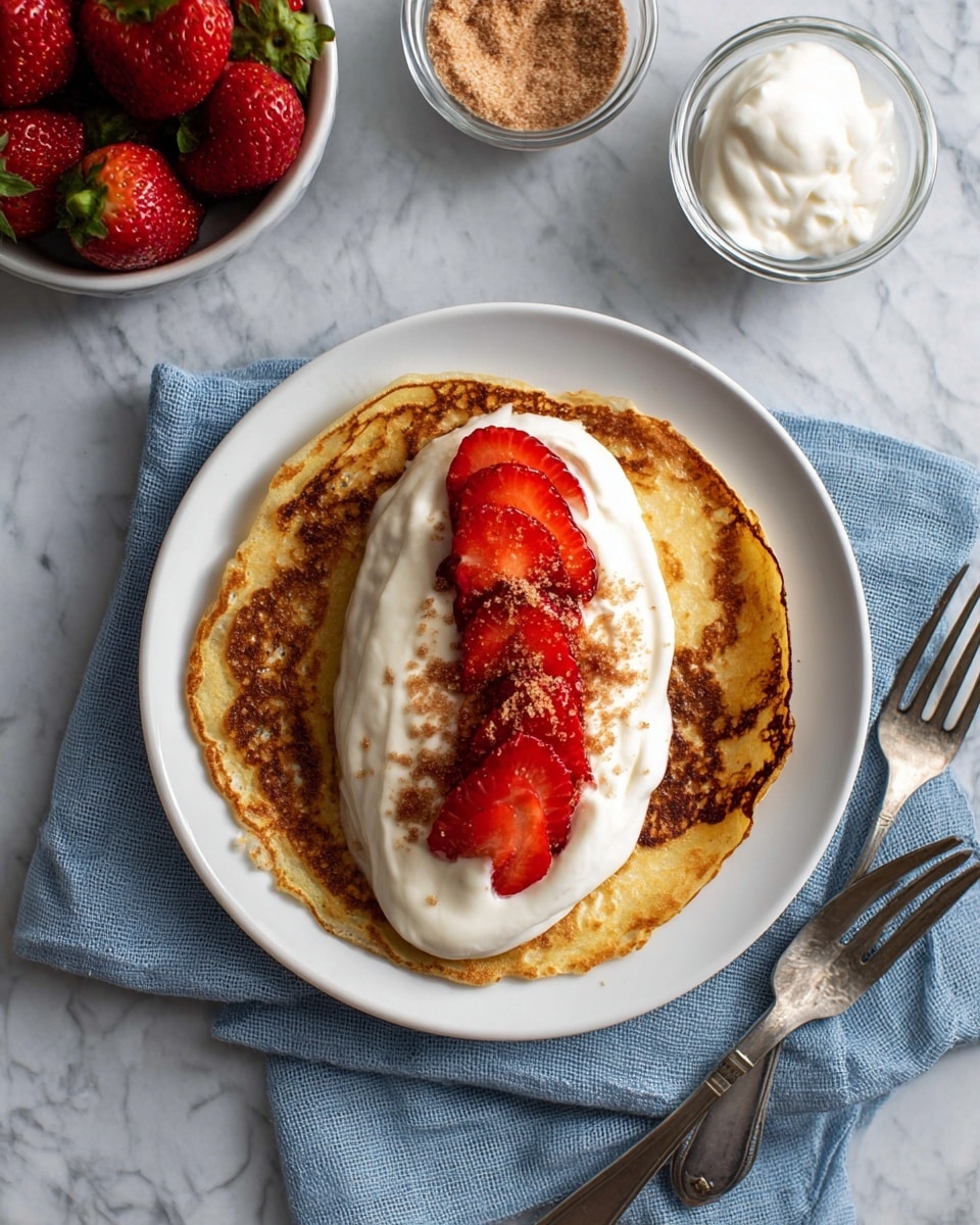 A single golden-brown pancake with a slightly crispy edge sits on a white plate resting on a blue cloth. On top of the pancake is a thick layer of smooth white cream, placed in the center from top to bottom, and on the cream are sliced bright red strawberries arranged neatly in a line. A few sprinkles of light brown sugar crystals are scattered over the strawberries and cream. The plate is on a white marbled surface, with two silver forks to the right. Above the plate are small bowls, one with whole strawberries, one with white cream, and one with brown sugar. photo taken with an iphone --ar 4:5 --v 7