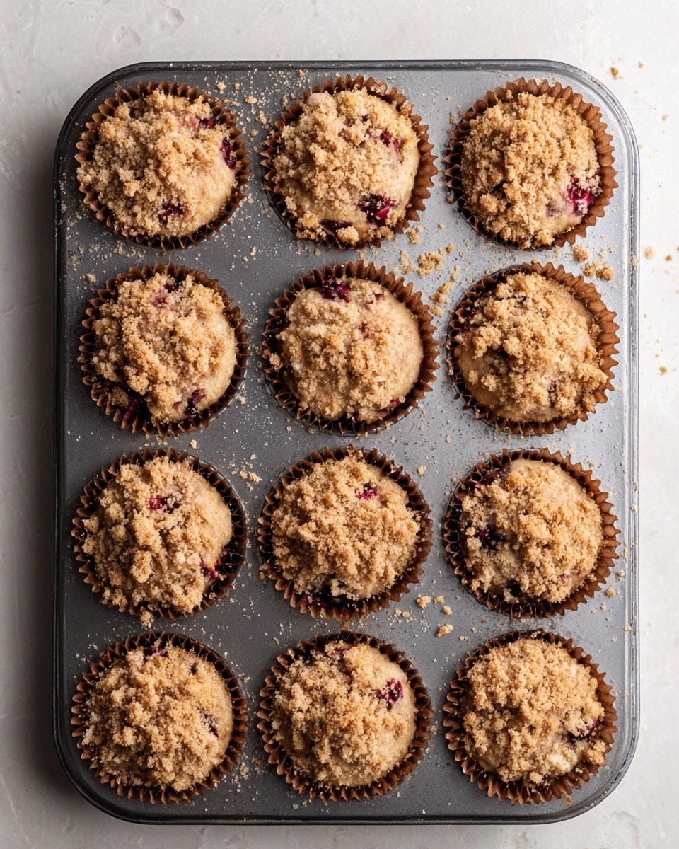 A metal muffin tray holds twelve unbaked muffins, each in a brown paper liner. The muffins consist of a beige batter with visible dark spots, likely berries, mixed inside. On top of each muffin is a thick layer of crumbly, light brown streusel topping with a coarse texture. The muffin tray is placed on a white marbled surface, and some small crumbs are scattered around. Photo taken with an iphone --ar 4:5 --v 7