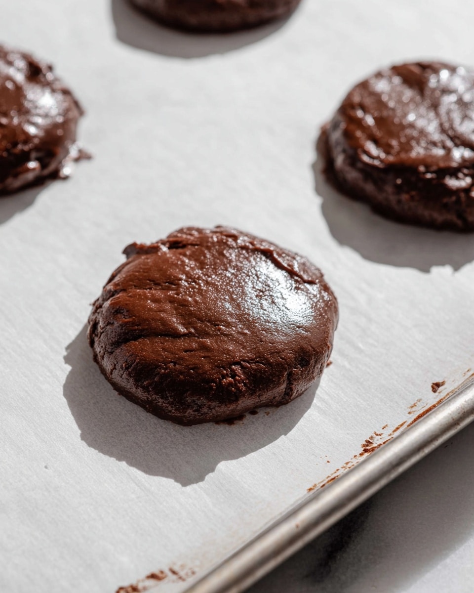 The image shows three round mounds of glossy dark brown chocolate dough placed on white parchment paper on a metal baking tray. Each mound has a smooth but slightly uneven texture with a shiny surface, and their edges are a bit rough and irregular. The tray is slightly tired and has dark marks on the edge, sitting on a white marbled surface. The scene is lit with natural light casting soft shadows around the cookie dough mounds, showing their three-dimensional shape clearly. photo taken with an iphone --ar 4:5 --v 7