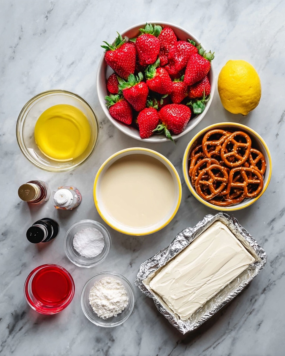 The image shows ingredients arranged on a white marbled surface. There is a small white bowl filled with bright red strawberries that have green tops, placed in the center. To the right of the strawberries is a white bowl with a yellow rim, filled with small brown pretzels. Below the pretzels is a rectangular block of white cream cheese in silver foil. Next to the cream cheese is a small clear glass containing a light beige liquid. To the left side of the strawberries, there is a small clear bowl filled with bright yellow melted butter. Above the butter are three small containers: one with white powder, one dark bottle of vanilla extract, and one bottle of red food coloring. In between these containers and the strawberries is a whole yellow lemon. The colors are vivid, and everything is neatly organized in a clear, clean layout. Photo taken with an iphone --ar 4:5 --v 7