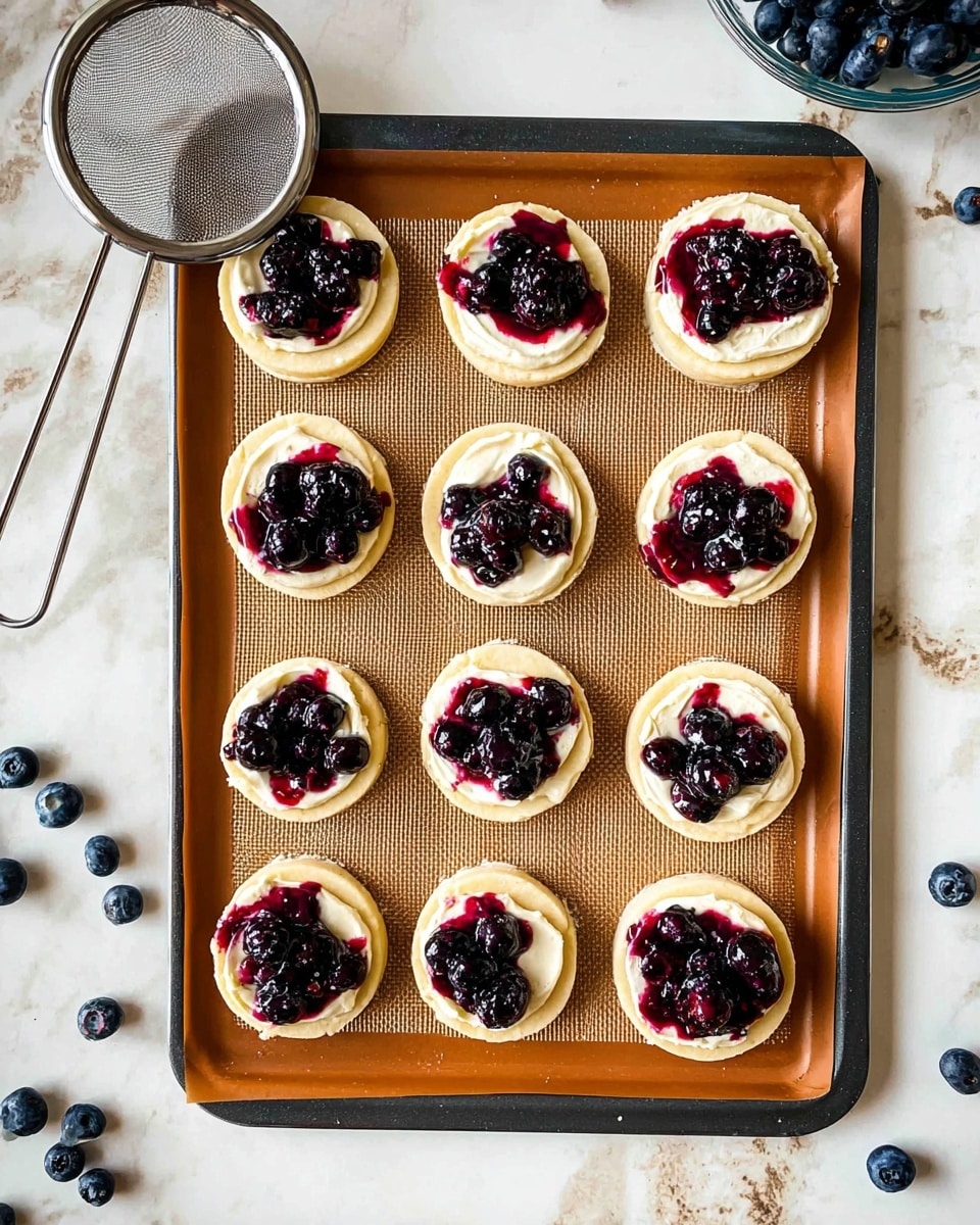 The image shows a baking tray with twelve small round pastries arranged neatly in a 3x4 grid on a brown baking mat. Each pastry has a thin, light beige dough base with a thick cream layer on top. On the cream, there are dark blue and black berries with bright red juice slightly dripping over the edges, creating a fresh and juicy look. The tray is on a white marbled surface with scattered blueberries around it, and a woman's hand holding a metal sifter is visible at the top left of the image. photo taken with an iphone --ar 4:5 --v 7