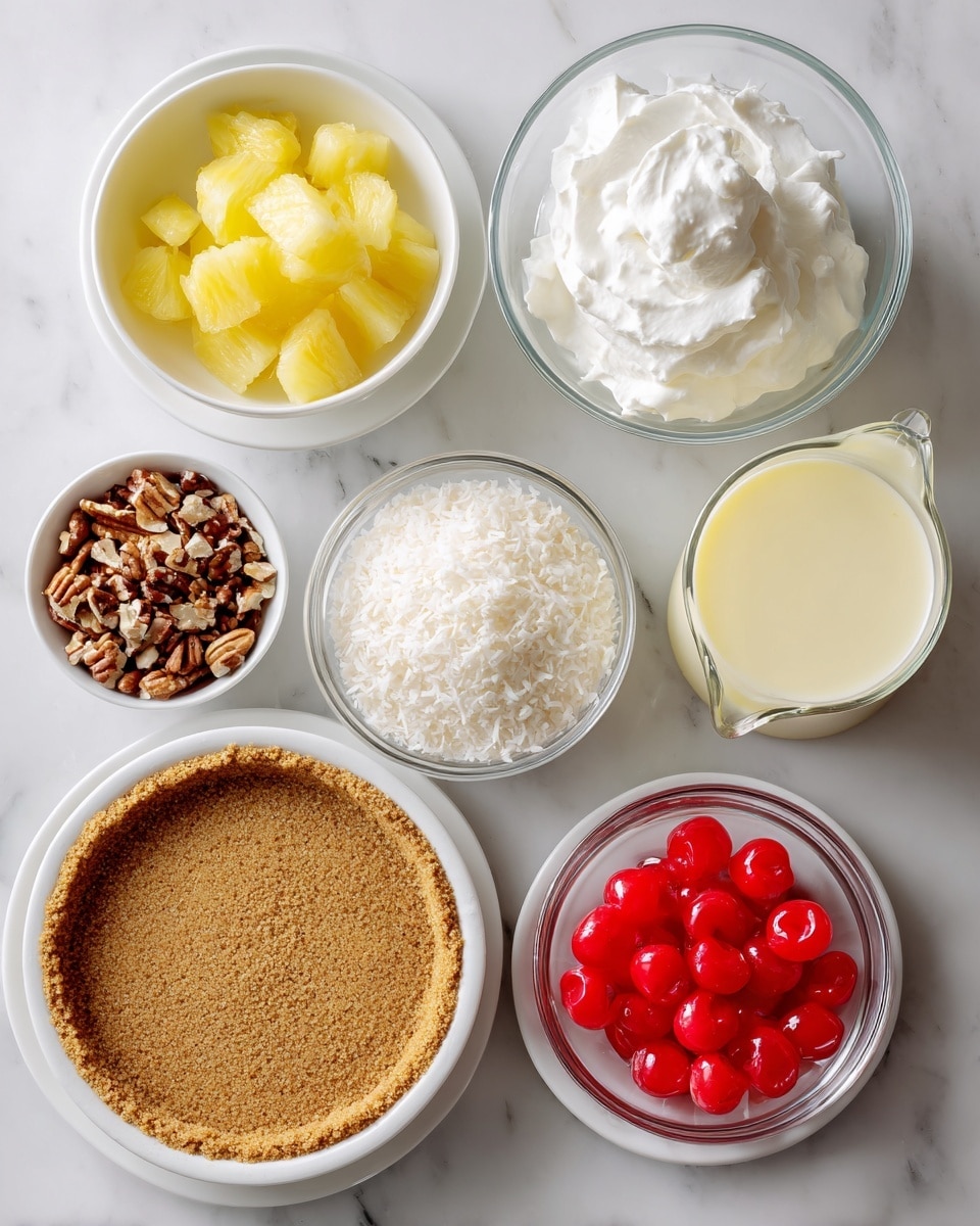 The image shows ingredients for a dessert arranged on a white marbled surface. At the bottom, there is a white plate holding a smooth, golden-brown graham cracker crust. Above it, from left to right, are six white bowls and a glass pitcher: the first bowl contains small yellow pineapple pieces, the second bowl has light greenish-yellow lemon juice, the third bowl is filled with white shredded coconut, the fourth bowl holds chopped brown pecans, the glass pitcher is filled with creamy condensed milk, the fifth bowl contains fluffy white whipped topping, and the last bowl has bright red maraschino cherries. Each ingredient is neatly placed and clearly visible. Photo taken with an iphone --ar 4:5 --v 7