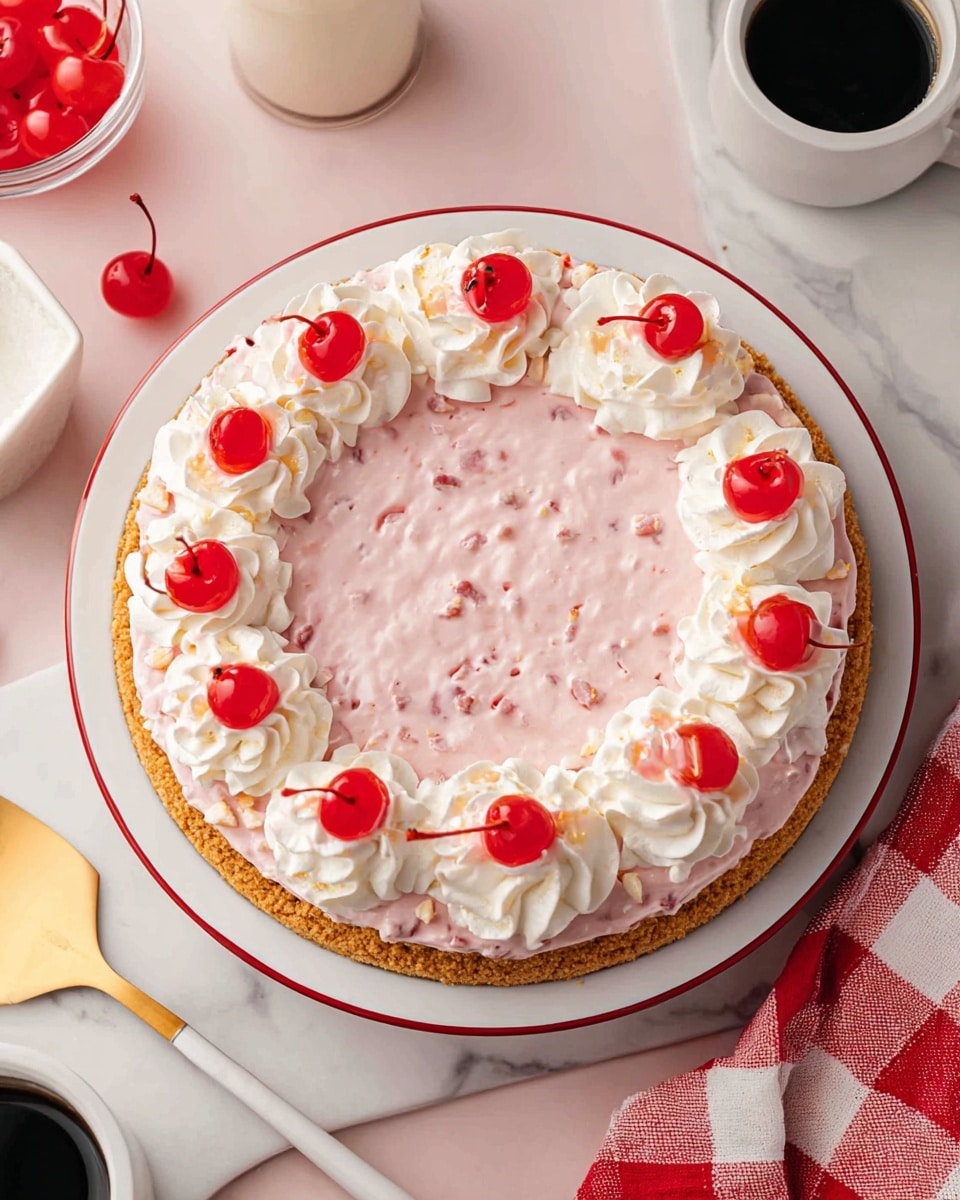 A single slice of creamy pink pie sits on a white plate, showing three visible layers: a light brown crumb crust at the bottom, a thick, fluffy pink filling mixed with small red and white fruit pieces in the middle, and a white whipped cream topping decorated with three bright red cherries, one with a stem. The background features a white marbled texture with blurred hints of more pie slices and cherries. The photo taken with an iphone --ar 4:5 --v 7