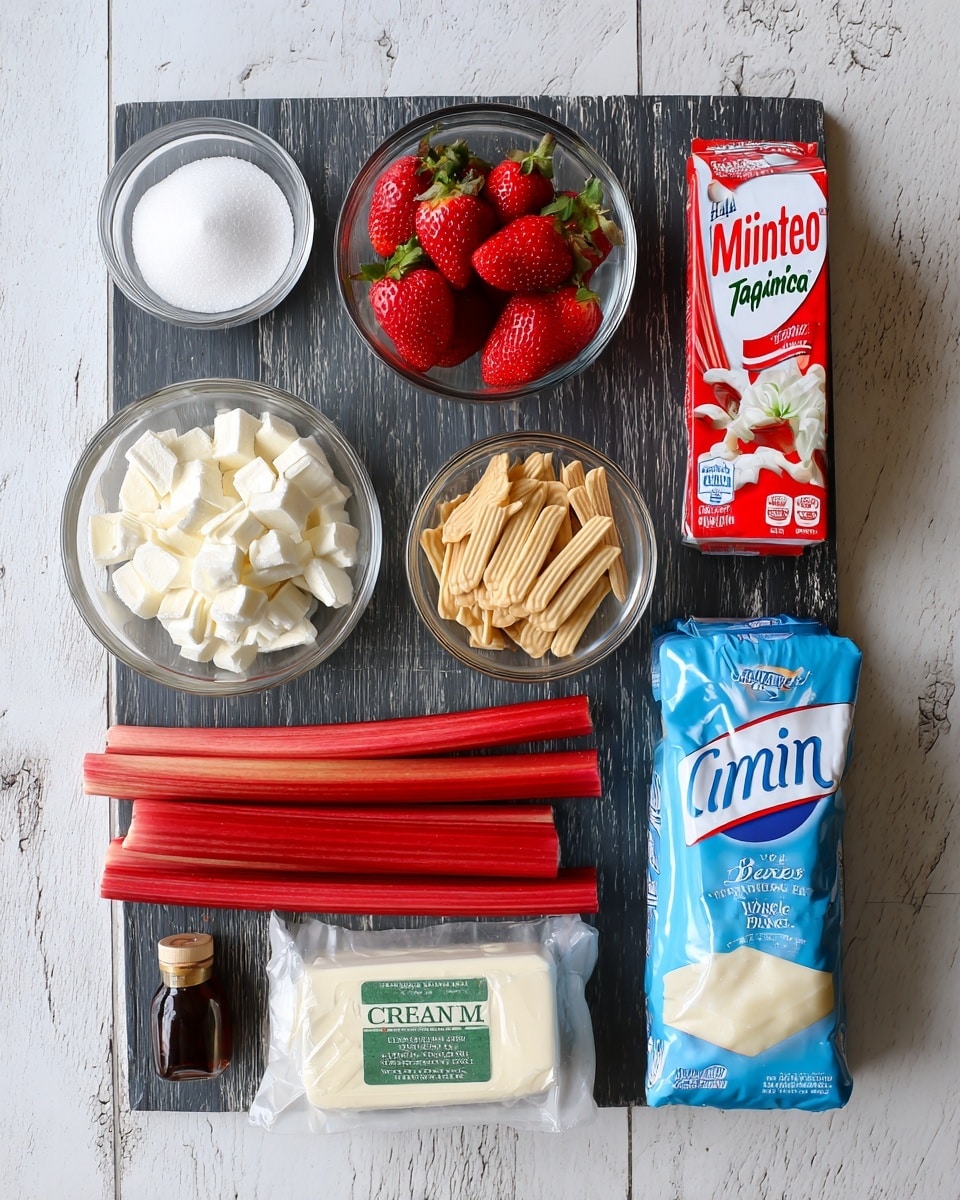 The image displays a neatly arranged set of ingredients on a black wooden surface with white handwritten labels above or beside each item. Starting from the top left corner, there is a small clear glass bowl with white sugar; to the right is a small clear glass bowl filled with red strawberries with green stems. Next to that is a red and white carton of Minute Tapioca. Below the sugar bowl, there is another clear glass bowl filled with golden vanilla wafers. To the right of the wafers, three thick red rhubarb stalks lie horizontally. Below the rhubarb, a rectangular package of cream cheese is placed. To the right of the cream cheese, there is a large blue and white carton of heavy cream. Below the cream cheese package, a stick of butter wrapped in cream-colored paper with green text is positioned horizontally. In the bottom left corner, a small brown glass bottle with a black cap contains vanilla extract. The whole layout sits on a white marbled textured surface. photo taken with an iphone --ar 4:5 --v 7