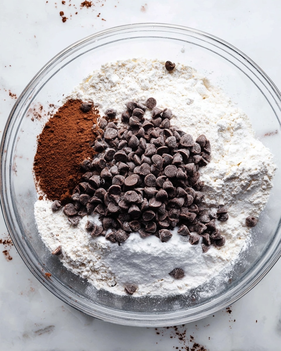 A clear glass bowl filled with a mix of dry ingredients layered in sections: a white flour base around the edge, a pile of white powdered sugar near the center, dark brown cocoa powder on the left side, and a large heap of dark brown chocolate chips spread mainly over the powdered sugar and flour. The bowl sits on a white marbled surface with a few scattered crumbs around it. photo taken with an iphone --ar 4:5 --v 7