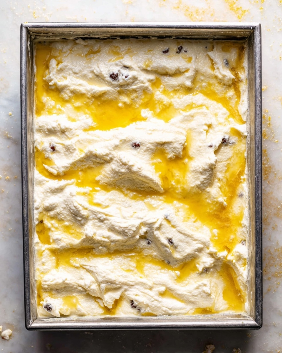 A metal baking pan filled with a layered dessert showing a creamy white top layer with a slightly lumpy texture mixed with small dark spots. Beneath this layer, bright golden yellow melted butter pools around the edges, creating a contrasting shiny surface. The dish has about two visible layers, with the white creamy layer thick and uneven, covering most of the yellow layer underneath. The pan sits on a white marbled surface with small crumbs scattered around. photo taken with an iphone --ar 4:5 --v 7