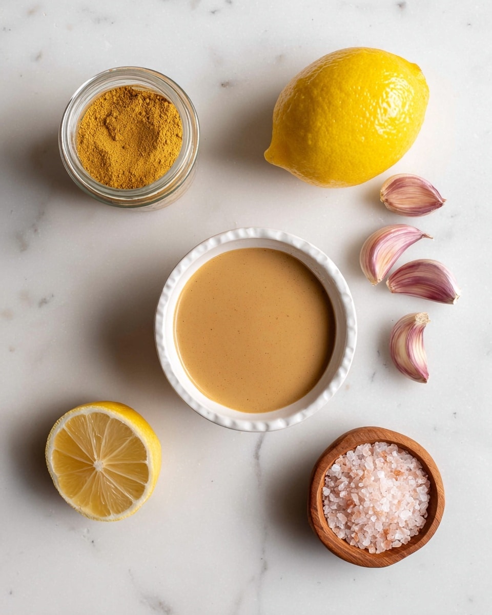 The image shows a small white bowl in the center filled with a smooth light brown sauce. Around it are five cloves of light purple garlic on the top right, a whole bright yellow lemon on the bottom left, a small wooden bowl with pink salt on the bottom right, and a clear glass jar with a golden yellow powder on the top left. All items are placed on a white marbled surface. photo taken with an iphone --ar 4:5 --v 7