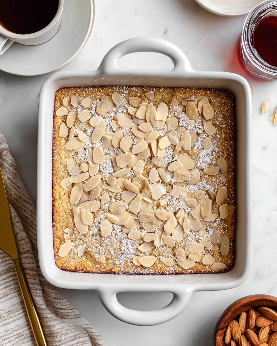 A square white ceramic baking dish holds a golden brown almond cake with a slightly cracked top covered evenly with thin, pale beige almond slices. A light dusting of powdered sugar is scattered across the almonds, giving a soft white contrast to the cake's surface. The dish is set on a white marbled texture with a corner of a gold knife and a beige striped cloth partially visible on the left side. Near the top left corner, a white cup filled with dark brown coffee is partially shown. In the upper right corner, a white saucer holds a glass jar containing a dark reddish liquid. At the bottom right, a small wooden bowl with some more almond slices is partially visible. Photo taken with an iphone --ar 4:5 --v 7