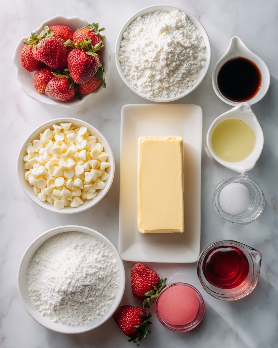 A top view of ingredients arranged on a white marbled surface, each in a separate white bowl or dish. There is a bowl of small white chocolate chips, a bowl of white flour with a soft powder texture, a bowl filled with white granulated sugar, and a white rectangular plate holding a stick of pale yellow salted butter. Next to these, there is a small clear container with white baking powder, a small liquid measuring cup with light yellow lemon juice, a small dark bottle of vanilla extract, a small tube of bright pink food gel, and a cluster of fresh red strawberries with green leaves, placed together in one corner. The lighting highlights the colors and textures clearly, photo taken with an iphone --ar 4:5 --v 7