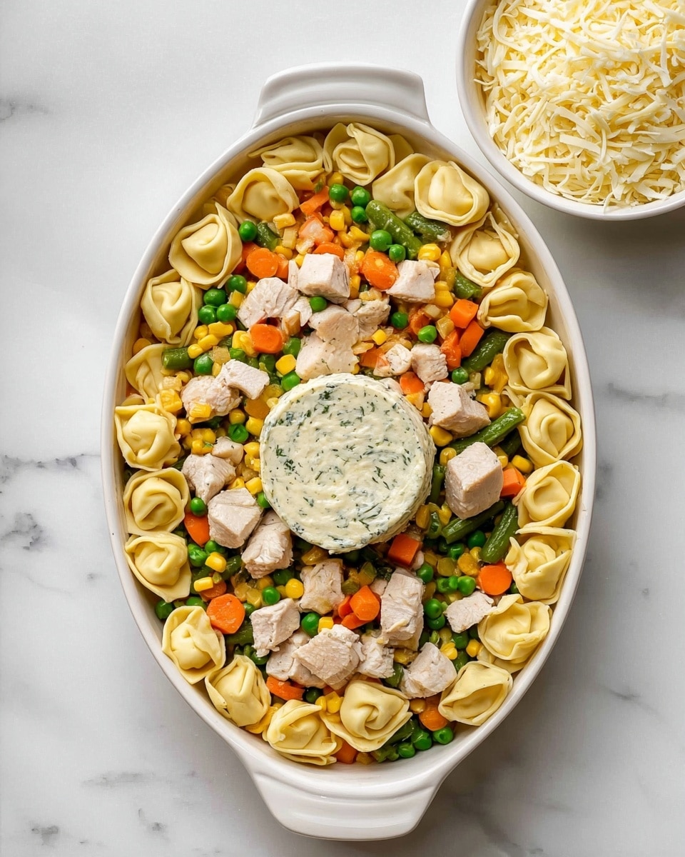 An oval white dish filled with three layers of food: the bottom layer is pale yellow tortellini pasta, the middle layer has bright green beans, dark green peas, orange carrot cubes, and yellow corn kernels, and the top layer features small light brown cooked chicken cubes scattered evenly. In the center of the dish sits a smooth round white pat of herb butter with green specks. Next to the dish is a white bowl filled with shredded white cheese on a white marbled surface. The photo taken with an iphone --ar 4:5 --v 7