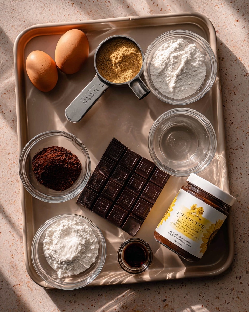 A flat tray holds various baking ingredients arranged neatly on a white marbled texture surface. In the top left corner are two brown eggs. Next to them is a metal measuring cup filled with light brown coconut sugar. To the right of the sugar is a small clear glass bowl with white baking powder. Below it is another clear glass bowl with colorless coconut oil. On the bottom left, there is a clear glass bowl filled with dark cocoa powder. To its right is a square bar of dark chocolate made of multiple small squares. Below the chocolate is a small clear glass bowl with dark vanilla extract. In the bottom right corner is a jar of SunButter chocolate sunflower butter with a white cap and a yellow sunflower on the label. The tray's surface is textured and brown, and soft light casts gentle shadows. photo taken with an iphone --ar 4:5 --v 7