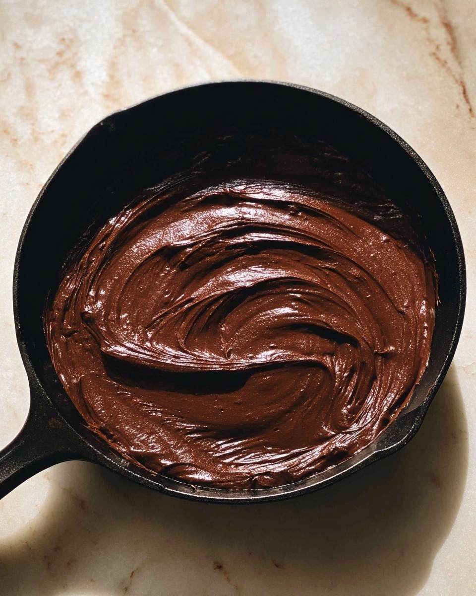 A black cast iron pan holds one thick, shiny layer of dark brown chocolate batter spread smoothly with visible swirls and folds, showing a rich, dense texture. The pan sits on a white marbled surface under warm lighting, which highlights the glossy, creamy surface of the batter. Photo taken with an iphone --ar 4:5 --v 7