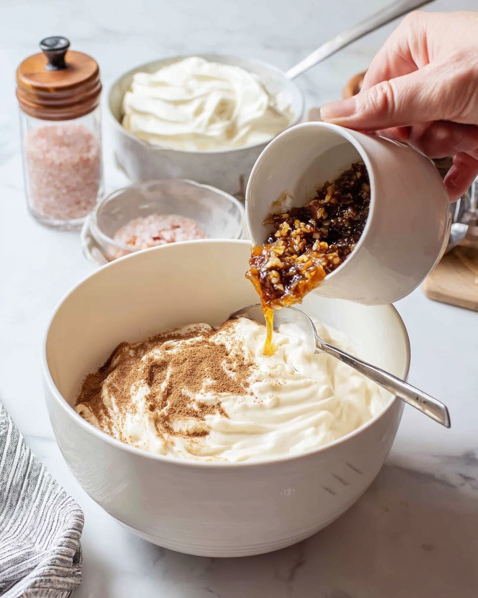 A close-up of a large white bowl filled with a creamy white mixture and some brown spices sprinkled on top as the first layer. Above the bowl, a woman's hand holds a smaller white bowl, pouring a dark brown and golden mixture with a chunky texture into the larger bowl. In the background, a white bowl with a white creamy substance and a shaker with pink salt grains are placed on a white marbled surface. A metal spoon rests inside the large bowl ready to mix the ingredients photo taken with an iphone --ar 4:5 --v 7