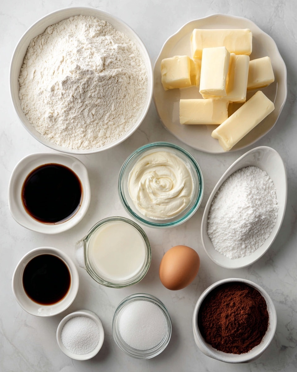 A flat lay of baking ingredients arranged neatly on a white marbled surface with labeled black text for each item. In the top left, a large white bowl is filled with white flour, with the word