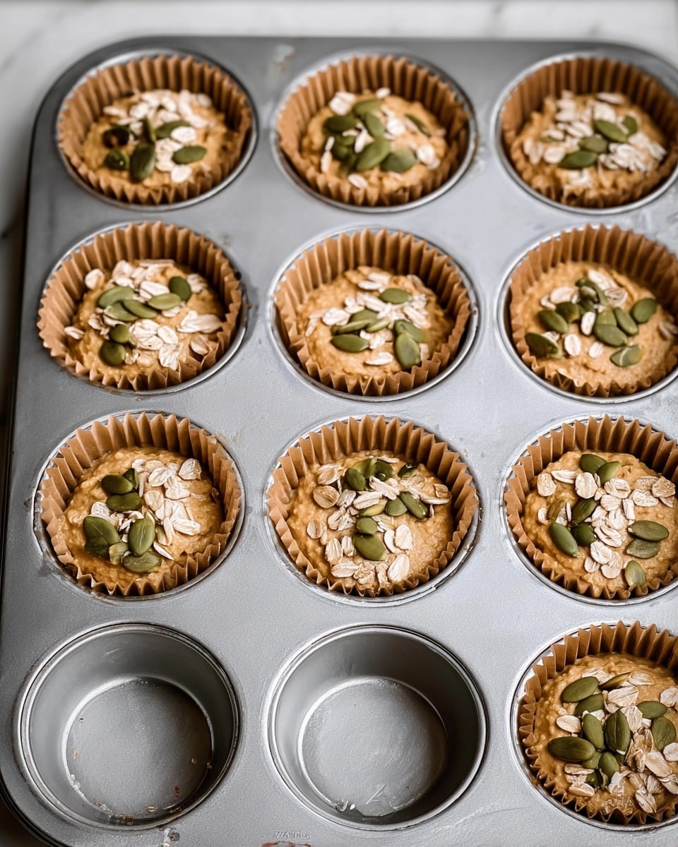 The image shows a silver muffin tray with 12 cups, 9 of them filled with light brown muffin batter in brown paper liners. Each filled cup is topped with a small mix of light beige oats and green pumpkin seeds. The three empty cups at the bottom are clean and shiny. The tray rests on a white marbled surface, with soft natural light highlighting the smooth texture of the batter and the rough oat and seed toppings. Photo taken with an iphone --ar 4:5 --v 7