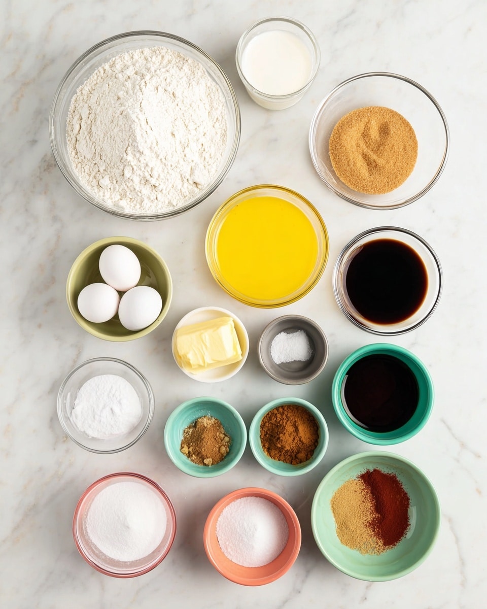 The image shows fourteen bowls with different baking ingredients arranged neatly on a white marbled surface. At the top, there is a large clear bowl filled with white flour on the left and a white bowl with white milk on the right. Below the flour is a smaller clear bowl with light brown sugar, and next to it in the center is a clear bowl filled with melted yellow butter. To the right of the butter is a clear bowl with dark thick syrup. Beneath them, in a row of small bowls, there is a peach bowl with white baking powder, a turquoise bowl with brown cinnamon powder, two white eggs side by side, a yellow bowl with white sugar, a gray bowl with light brown ground ginger, and a green bowl with dark finely ground coffee. At the bottom, there is a pink bowl with white salt, a white bowl with reddish-brown ground cloves, and an orange bowl with light amber colored vanilla extract. photo taken with an iphone --ar 4:5 --v 7