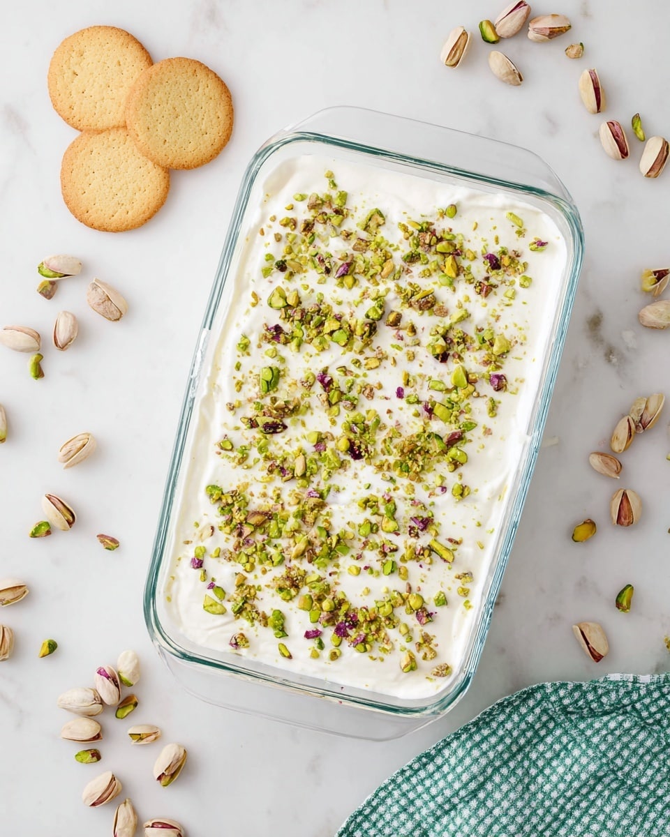A clear glass rectangular dish filled with one thick layer of smooth white cream topped with a generous sprinkle of chopped green and purple pistachios, placed on a white marbled surface. To the top left of the dish, there are three light golden round cookies arranged close to each other. Around the dish, several pistachios in shells and some shelled pistachios are scattered randomly. At the bottom right corner, there is a green and white checkered cloth folded and partially visible. The whole scene is bright and clean with soft natural lighting. photo taken with an iphone --ar 4:5 --v 7