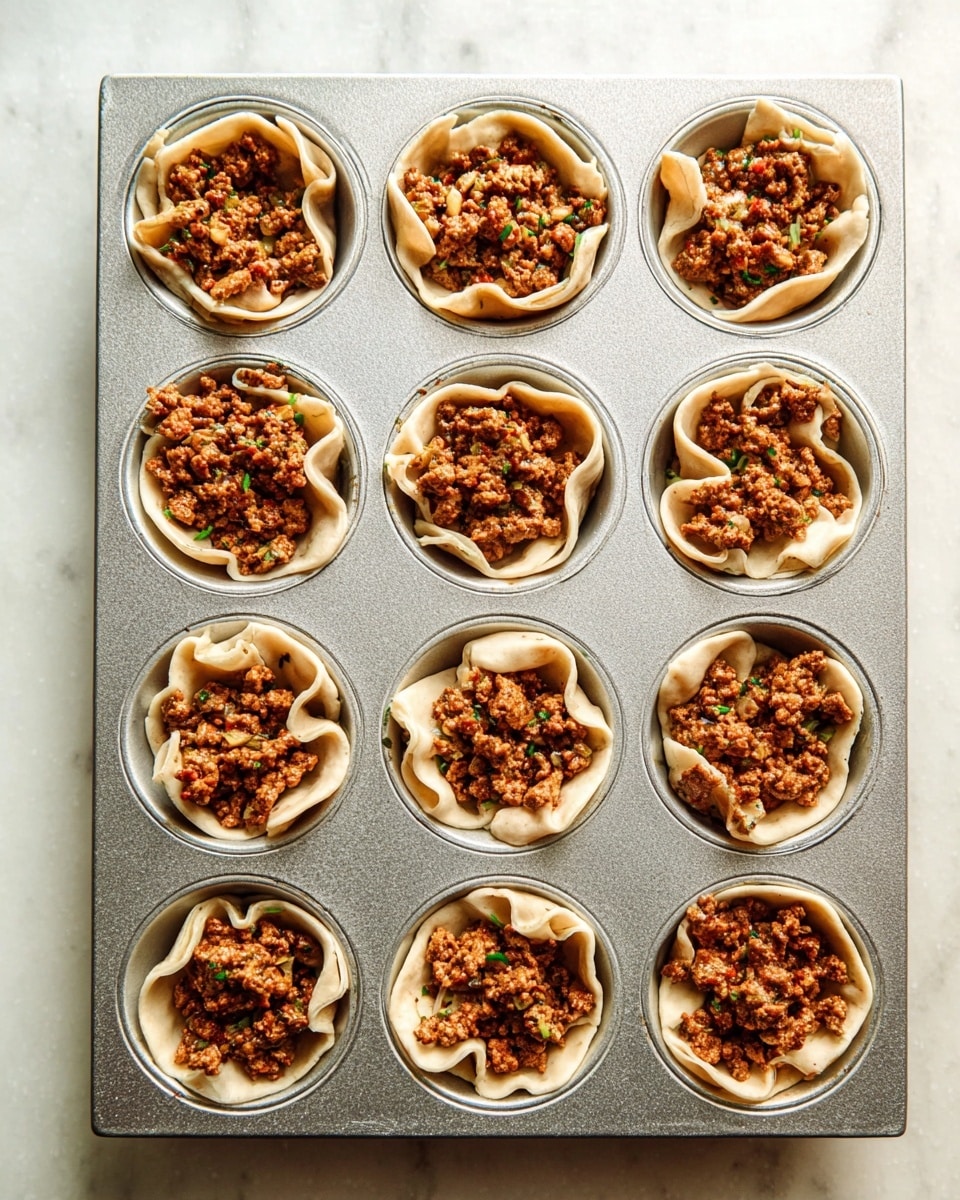 A silver muffin tray with 12 round cups, each lined with a light beige, soft dough layer that is folded loosely inside the cups creating gentle folds around the edges. On top of each dough layer, there is a thick pile of cooked, crumbled ground meat mixture with visible small green herbs and bits of onions, giving a textured, slightly chunky look in shades of brown with specks of green and tan. The tray rests on a white marbled surface, giving the scene a clean, bright appearance. photo taken with an iphone --ar 4:5 --v 7