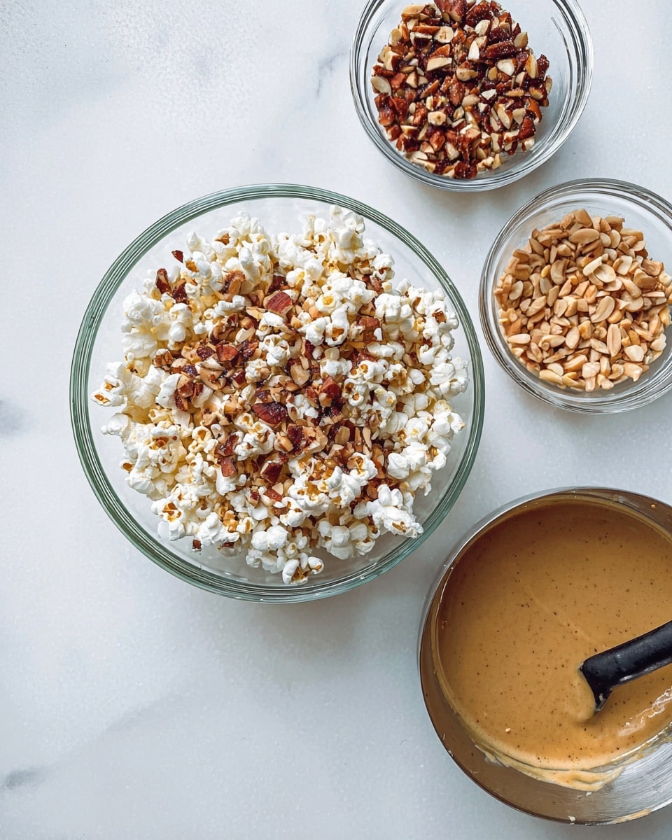 The image shows a clear glass bowl filled with white popcorn mixed with brown and tan chopped nuts on top, sitting on a white marbled surface. Around it, there are three small clear glass bowls holding different chopped nuts in shades of brown and tan. To the right, a silver bowl contains a smooth, light brown sauce with a black spatula resting inside. Photo taken with an iphone --ar 4:5 --v 7
