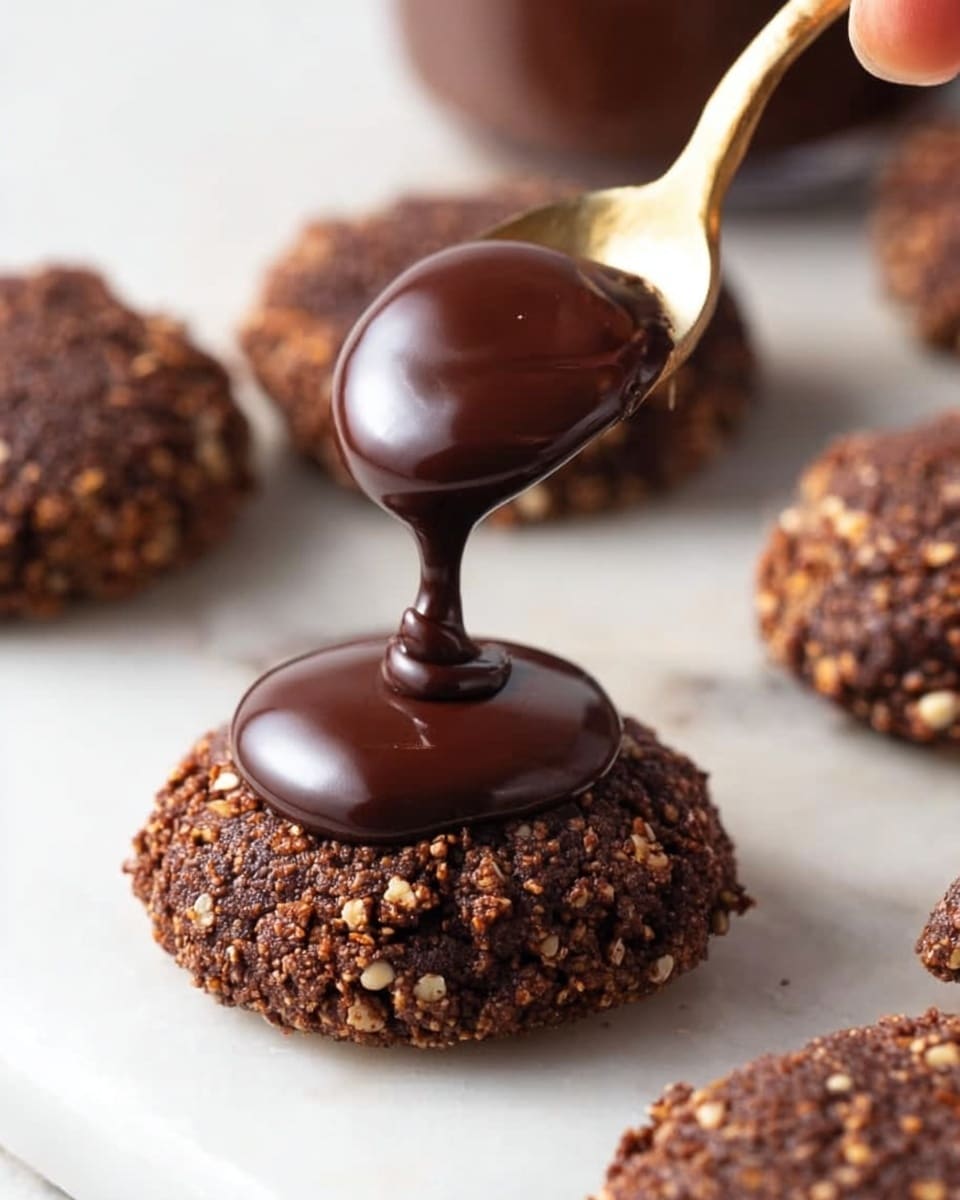 A close-up image shows several small, round chocolate cookies with a rough texture, resting on a white marbled surface. In the foreground, a gold spoon is held by a woman's hand, pouring smooth, shiny dark chocolate sauce over one of the cookies. The chocolate sauce looks thick and glossy, creating a small pool on top of the cookie and slightly dripping down the sides. The cookies have a dark brown color with small bits of nuts or grains visible, giving them a crunchy appearance. The background is softly focused, highlighting the cookie being topped with chocolate. photo taken with an iphone --ar 4:5 --v 7