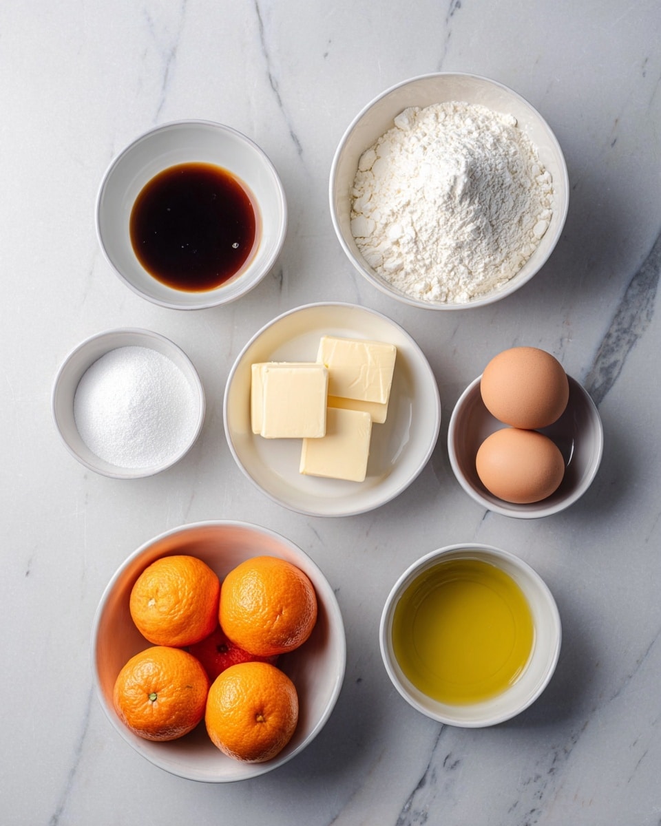 Seven small white bowls are arranged on a white marbled surface, each holding different ingredients. Starting from the top left, the first bowl contains dark brown liquid, the next one to the right has a heap of white flour with a smaller mound of powder on top. Below the flour, two rectangular pale yellow blocks of butter sit in a bowl. To the right of the butter, a bowl holds a mound of white granulated sugar. On the bottom left, there is a bowl filled with six bright orange tangerines. Above the tangerines, another bowl holds two light brown eggs. The bowl at the bottom right contains a golden-yellow liquid, likely oil. The bowls vary in size and are spread out evenly. Photo taken with an iphone --ar 4:5 --v 7