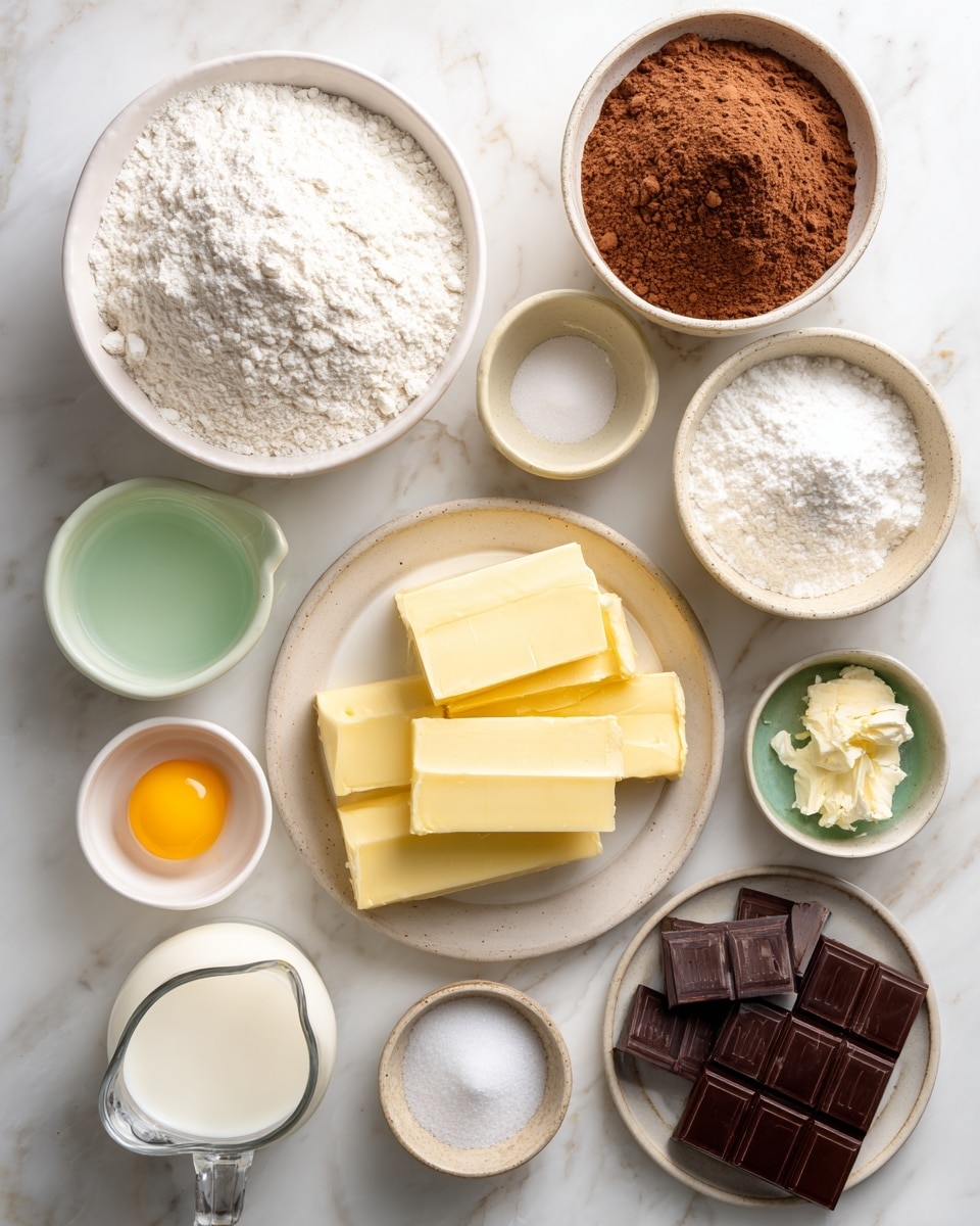 The image shows an arrangement of baking ingredients on a white marbled surface, each in white or beige bowls and plates. From top left, there is a full bowl of white flour, next to it a bowl with white sugar, and below that a bowl filled with light brown cocoa powder. In the center, a small beige bowl holds white baking soda, baking powder, and salt together. To the left, there is a small white bowl of clear oil and an egg placed below it. A clear glass pitcher holds buttermilk near the bottom left corner. In the center bottom, a white plate has two thick blocks of yellow butter. A bowl filled with powdered sugar is at the bottom left, while at the bottom right, a small beige bowl contains dark chocolate squares. Near the center right, a small bowl with dark vanilla extract, a small bottle of mint extract, a small container of green food coloring, and a clear jar of heavy cream are placed in a neat row. The photo is bright and clean, with the ingredients spaced evenly. Photo taken with an iphone --ar 4:5 --v 7