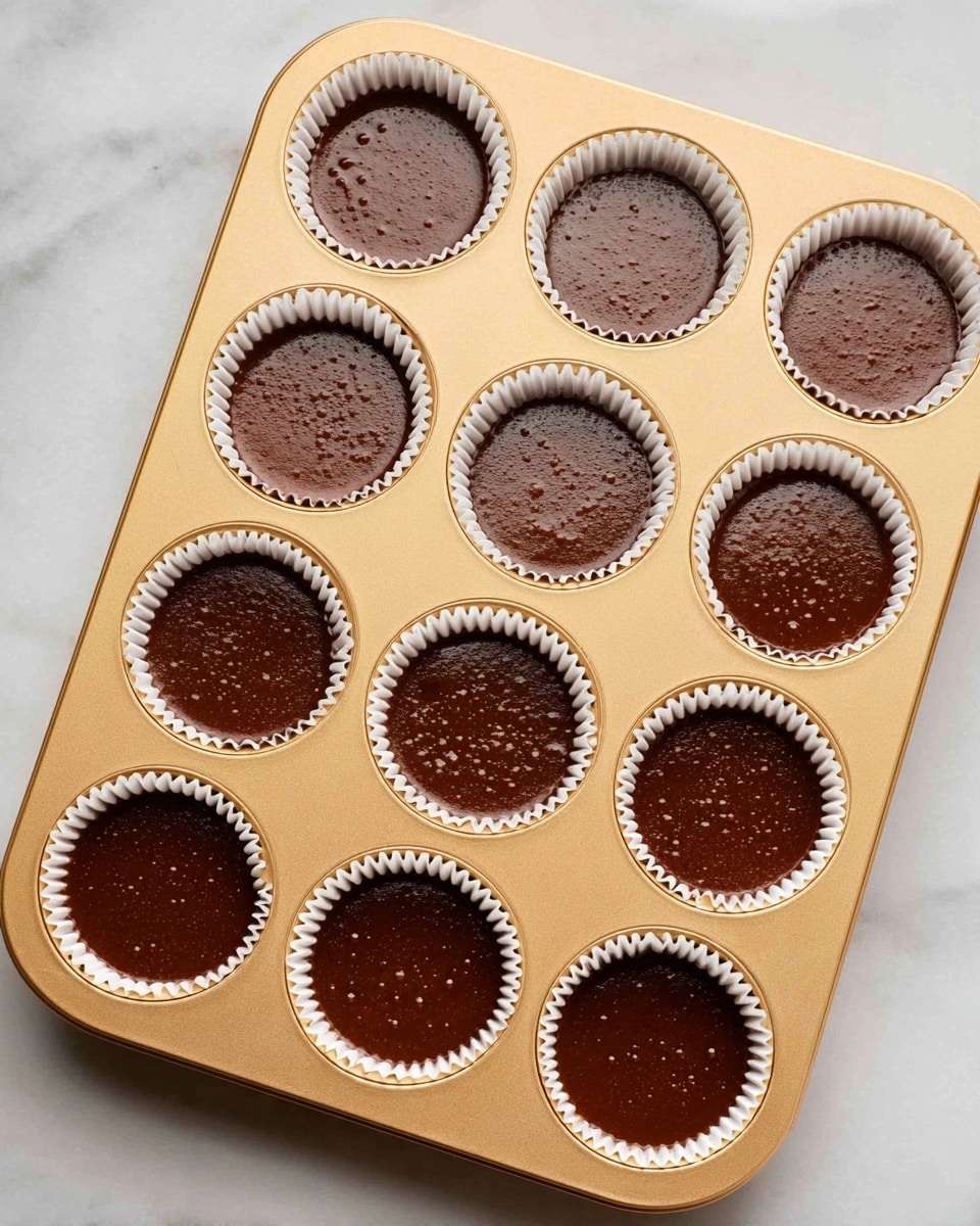 A baking tray with twelve circular cups filled with smooth, dark brown chocolate batter. Each cup is lined with white paper cupcake liners that have fine ridged edges. The batter fills about 80% of each liner, showing a glossy surface with tiny bubbles. The tray is pale gold with a soft matte finish and the brand name