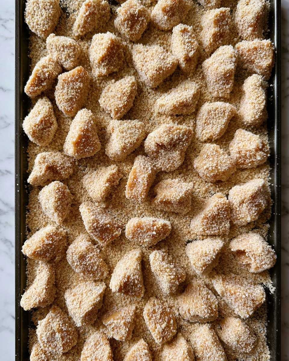 A dark baking tray filled with many small, uneven-shaped pieces of raw food, each coated in a thick layer of light beige crumbs that give a grainy texture, arranged closely but not overlapping, all placed on a white marbled surface photo taken with an iphone --ar 4:5 --v 7