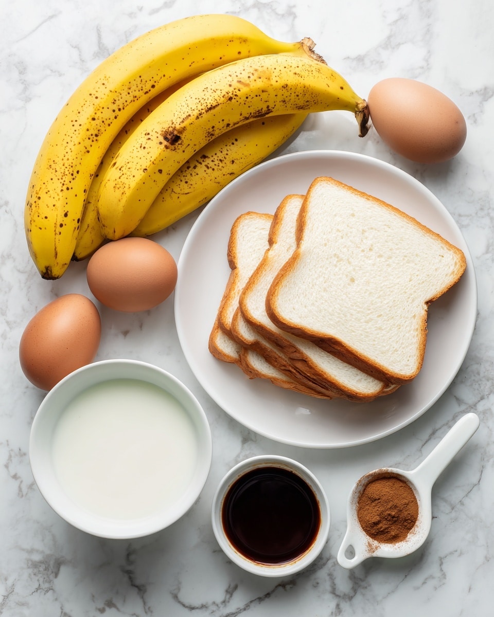 A top view of ripe yellow bananas with brown spots on the left side, three eggs—two brown and one light blue—placed near the center, and a stack of white bread slices with a soft texture arranged neatly on a white plate to the right. Below are two small white bowls, one holding a dark brown vanilla extract liquid and the other filled with white milk. Next to them is a white ceramic spoon filled with brown cinnamon powder. Everything is set on a white marbled surface. Photo taken with an iphone --ar 4:5 --v 7