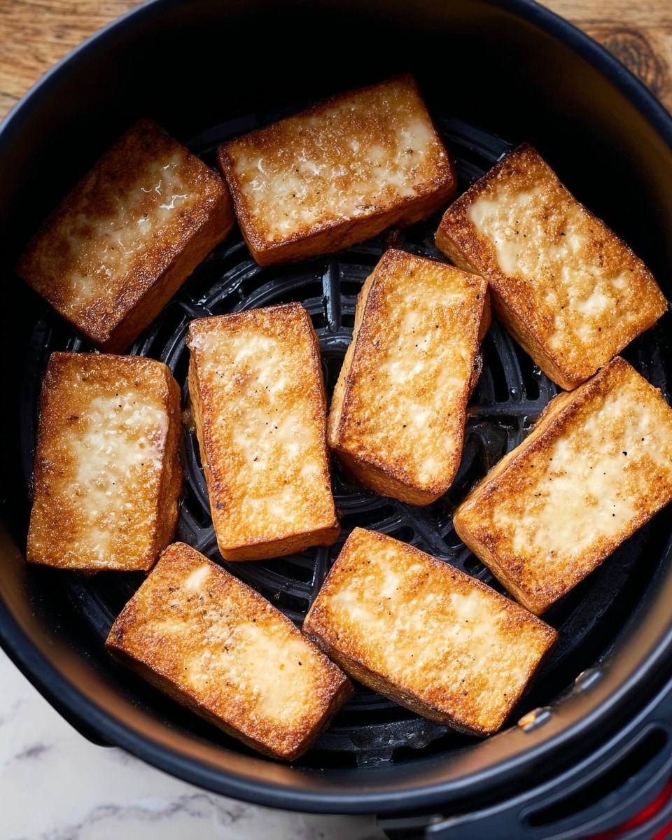 In a black round air fryer basket, there are eight pieces of golden-brown tofu arranged in a circular pattern with some space between them. Each tofu piece has a rectangular shape with a slightly rough texture, showing light browning on the edges and a creamy beige color on top with a slight sheen from cooking oil. The basket has ridges on the bottom, visible through the gaps between tofu pieces. The background is a white marbled surface with some wooden tones blurred around the edges. Photo taken with an iphone --ar 4:5 --v 7