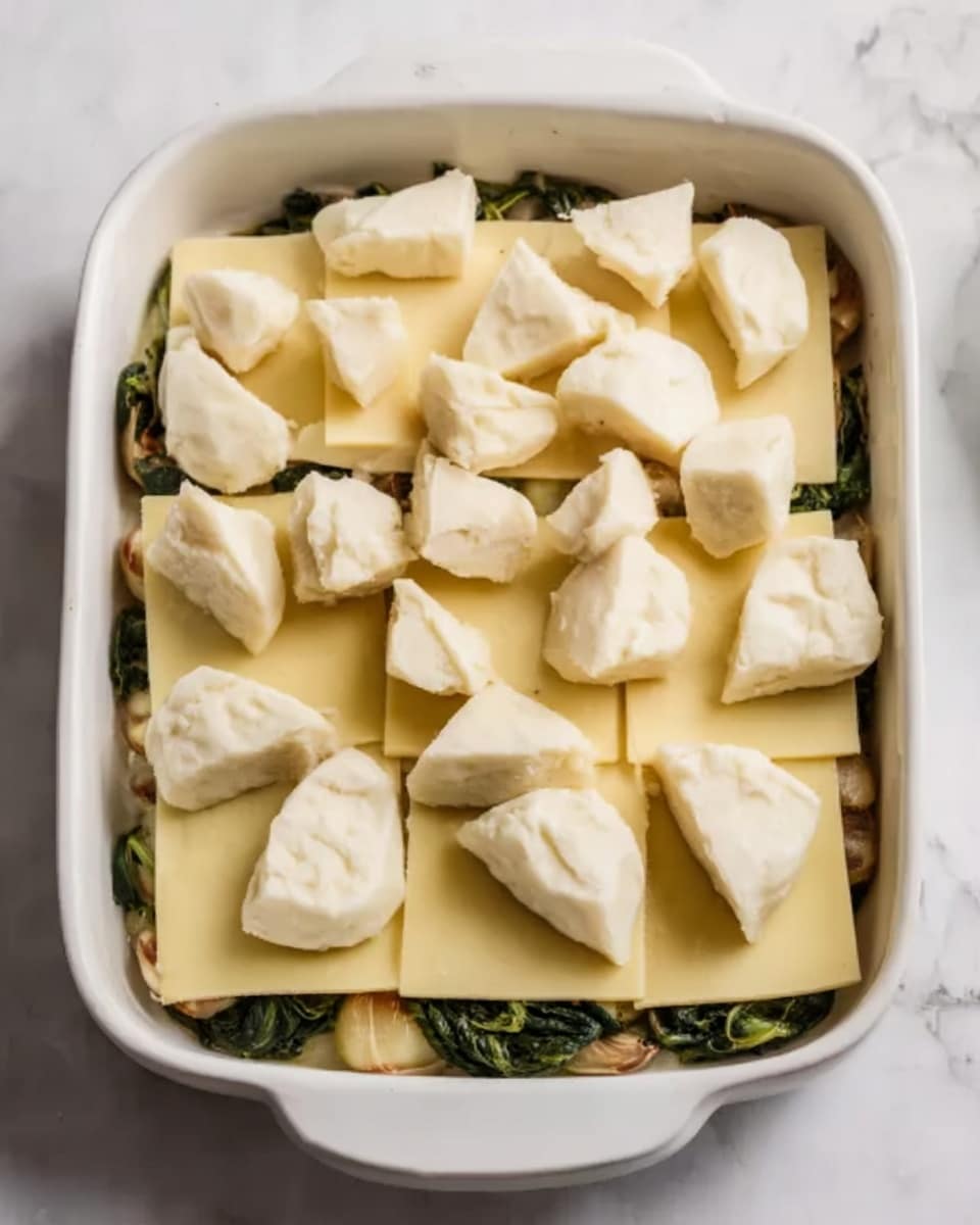 A white baking dish with four layers of food is shown. The bottom layer looks like a cooked green vegetable, possibly spinach, with some brown edges. Above it is a layer of square, pale yellow cheese slices evenly spread. The top layer is a spread of white, irregularly shaped chunks of cooked chicken, scattered across the cheese slices covering most of the dish. The dish is placed on a white marbled surface. photo taken with an iphone --ar 4:5 --v 7