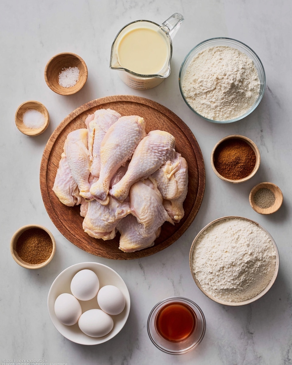 A wooden board with raw chicken pieces layered unevenly and showing pale pink skin and a bit of yellow near the tips sits in the center. Surrounding the board are small white bowls and wooden bowls with various cooking ingredients, including white flour, light brown and dark brown spices, and an egg white in a wooden bowl. Above the chicken is a clear measuring cup filled with pale yellow milk and a clear bowl filled with white flour. Below the chicken are two white eggs in a white dish, a white bowl with a light reddish liquid, and a small clear bowl containing white powder. All items rest on a white marbled surface. photo taken with an iphone --ar 4:5 --v 7