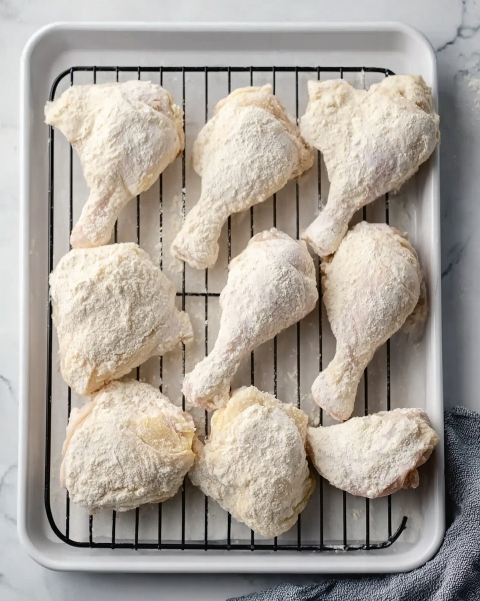 The image shows a white baking tray with a black rack on top, placed on a white marbled surface. On the rack, there are ten pieces of raw chicken, each covered thickly with light flour coating. The pieces include both drumsticks and larger chicken parts, spread evenly in two rows. The flour texture looks soft and powdery, covering the chicken fully. In the bottom right corner of the image, a bit of a grey cloth is visible. Photo taken with an iphone --ar 4:5 --v 7