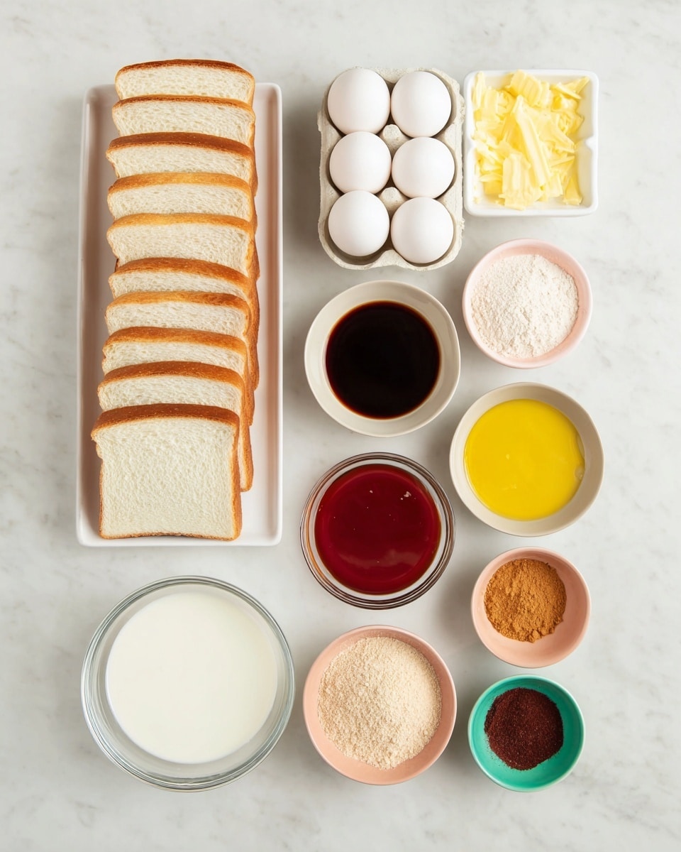The image shows a flat lay of baking ingredients arranged neatly on a white marbled surface. On the left, there is a white rectangular plate stacked with eleven slices of white bread arranged in two neat rows. Below the bread, six white eggs are placed in a small white carton. Next to the eggs and bread, there are ten small white bowls with different ingredients: melted yellow butter in the top right bowl, a dark brown syrup in a bowl below it, a reddish liquid in an orange bowl, light brown powder in a pink bowl, dark brown powder in a pale pink bowl, a beige crumbly powder in a peach bowl, another beige powder in an off-white bowl, a dark brown finely ground powder in a small peach bowl, a white granulated powder in a light green bowl, and a dark powder in a turquoise bowl. Also, two larger clear glass bowls filled with white and cream-colored liquids are placed at the bottom left. The items are all cleanly arranged and evenly spaced. Photo taken with an iphone --ar 4:5 --v 7