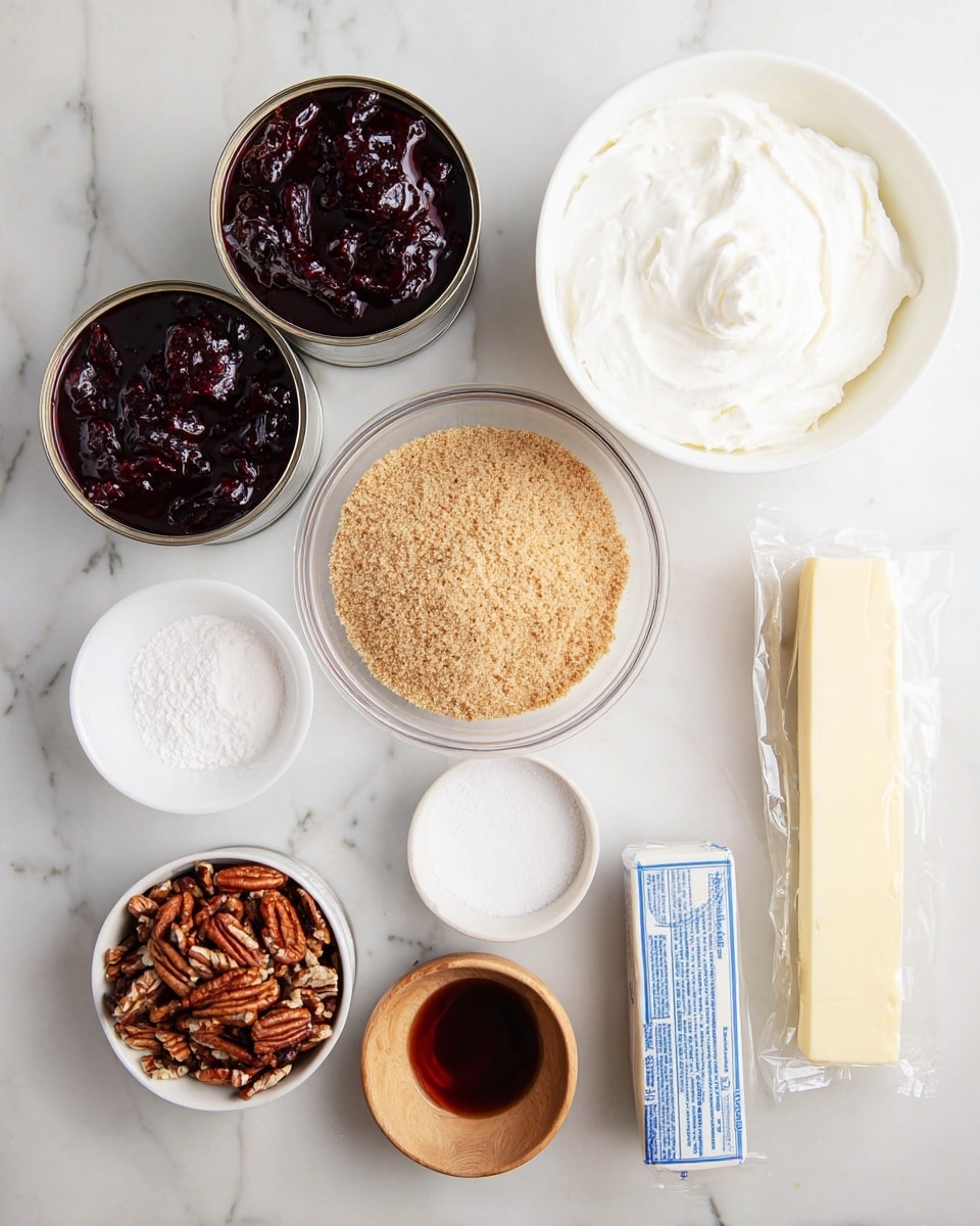The image shows various baking ingredients arranged on a white marbled surface. There are two open cans filled with dark red cherry filling on the top left. To their right is a white bowl filled with smooth, fluffy white whipped cream. Below the cans, a clear glass bowl holds light brown crushed graham crackers. In the center, a small white bowl contains chopped pecans with a rich brown color and textured surface. Next to it is a small wooden bowl of fine white powdered sugar. Below, a small white bowl contains dark amber vanilla extract. On the bottom right corner, two wrapped sticks of pale yellow butter and a silver block of cream cheese with blue and white packaging are placed. photo taken with an iphone --ar 4:5 --v 7